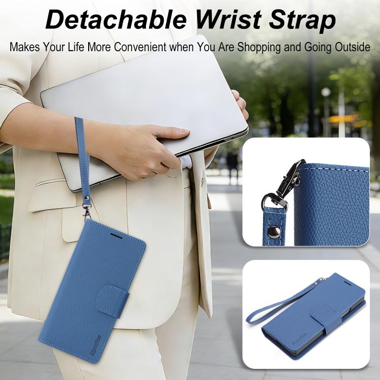 For Galaxy Z Fold6 Retro Litchi Texture Vegan Leather Magnetic Wallet Phone Case with Wrist Strap