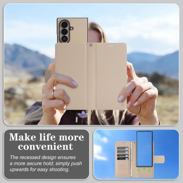 For Galaxy Z Fold6 Retro Litchi Texture Vegan Leather Magnetic Wallet Phone Case with Wrist Strap