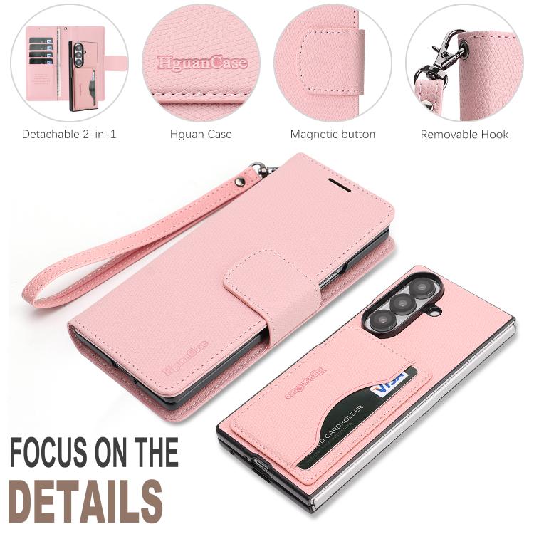 For Galaxy Z Fold6 Retro Litchi Texture Vegan Leather Magnetic Wallet Phone Case with Wrist Strap