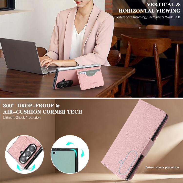 For Galaxy Z Fold6 Retro Litchi Texture Vegan Leather Magnetic Wallet Phone Case with Wrist Strap