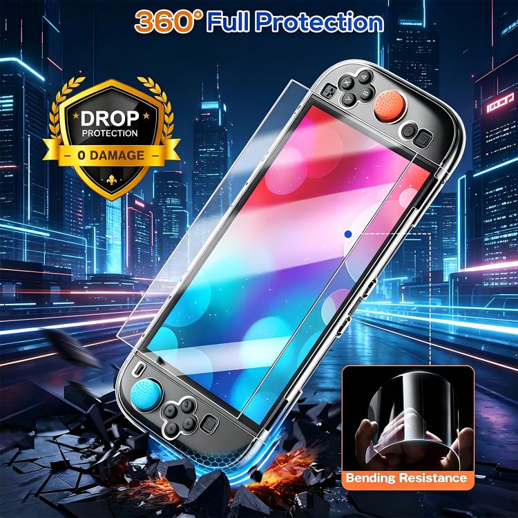 For Nintendo Switch 2 XDcase Separable PC Crystal Case & Tempered Glass Film & Joystick Caps Set - Transparent