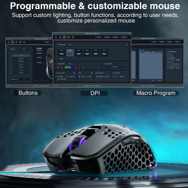 SOLAKAKA SM600 Hollowed Out RGB Tri-mode Wireless Gaming Mouse