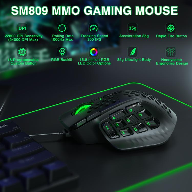 SOLAKAKA SM809 Honeycomb RGB Wired MMO Mouse