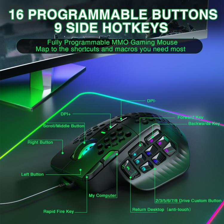 SOLAKAKA SM809 Honeycomb RGB Wired MMO Mouse