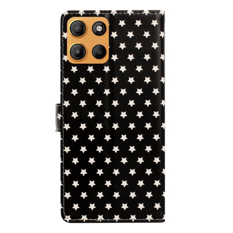 For Motorola Moto E15 Star Pattern Magnetic Buckle Vegan Leather Phone Case with Wrist Strap
