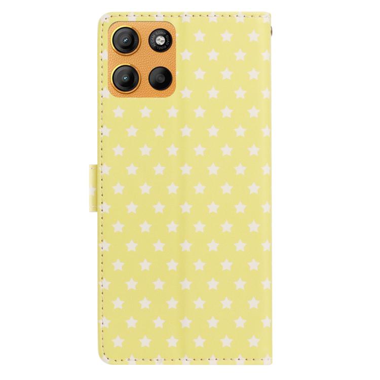 For Motorola Moto E15 Star Pattern Magnetic Buckle Vegan Leather Phone Case with Wrist Strap