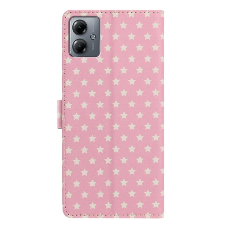 For Motorola Moto G14 Star Pattern Magnetic Buckle Vegan Leather Phone Case with Wrist Strap
