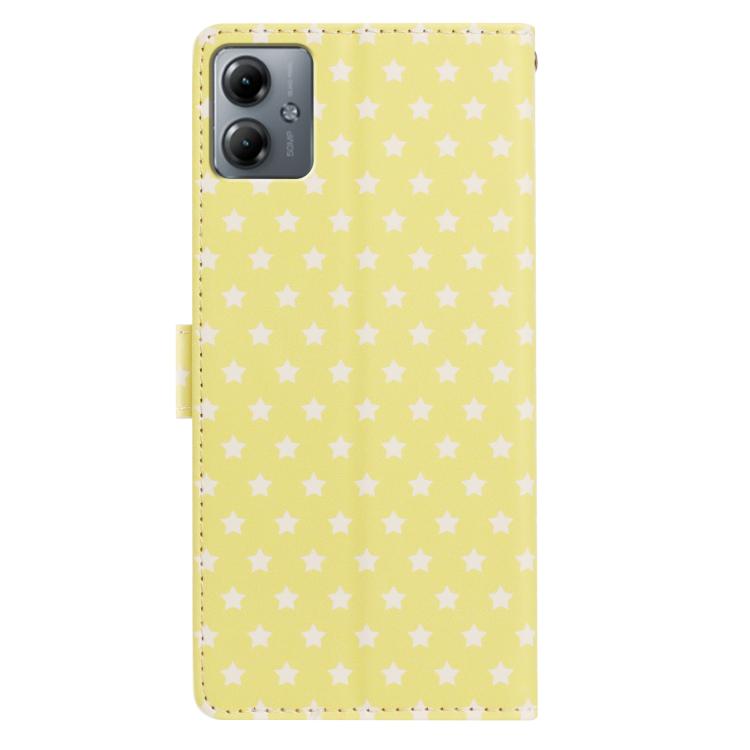 For Motorola Moto G14 Star Pattern Magnetic Buckle Vegan Leather Phone Case with Wrist Strap