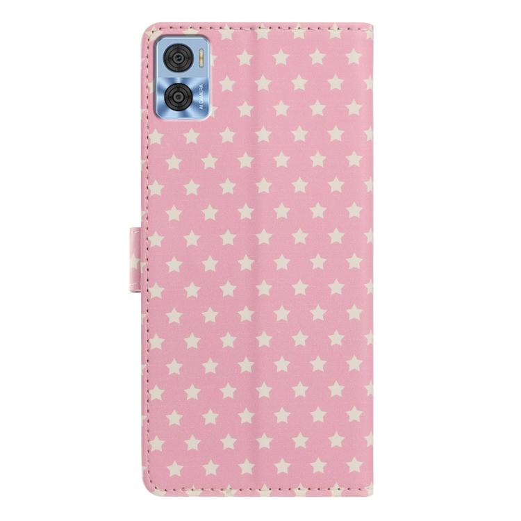 For Motorola Moto  E22 Star Pattern Magnetic Buckle Vegan Leather Phone Case with Wrist Strap
