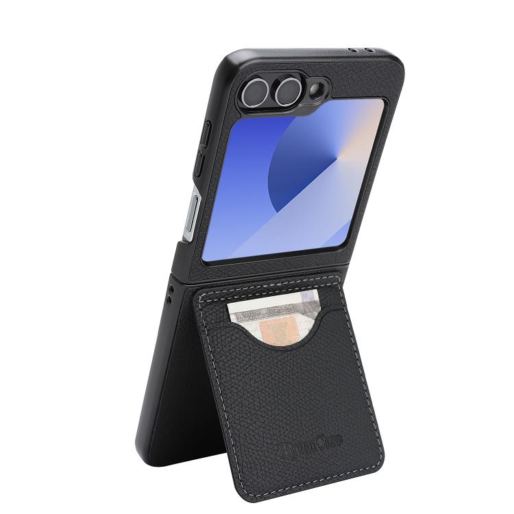 For Galaxy Z Flip6 / Flip7 FE Retro Litchi Texture Vegan Leather Magnetic Wallet Phone Case with Crossbody Strap