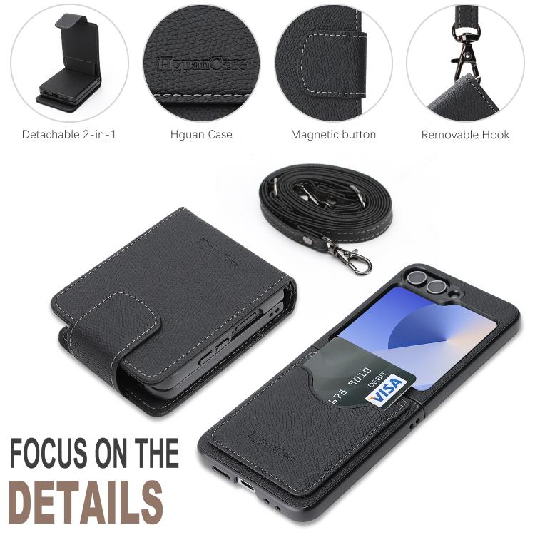 For Galaxy Z Flip6 / Flip7 FE Retro Litchi Texture Vegan Leather Magnetic Wallet Phone Case with Crossbody Strap