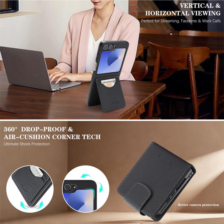 For Galaxy Z Flip6 / Flip7 FE Retro Litchi Texture Vegan Leather Magnetic Wallet Phone Case with Crossbody Strap
