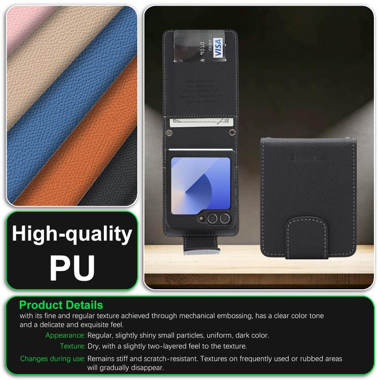 For Galaxy Z Flip6 / Flip7 FE Retro Litchi Texture Vegan Leather Magnetic Wallet Phone Case with Crossbody Strap