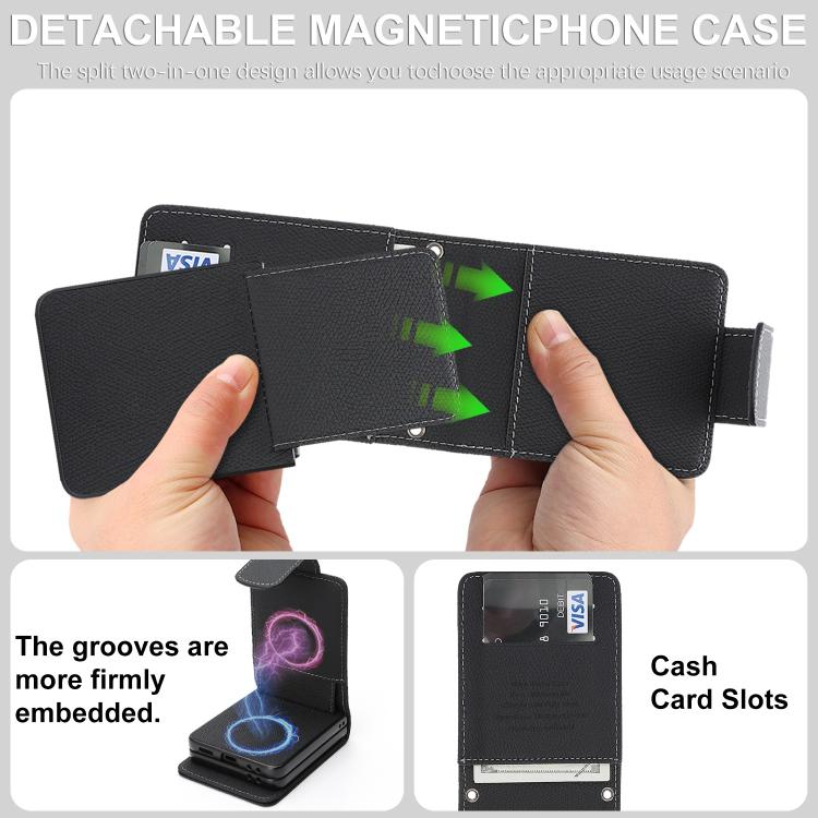 For Galaxy Z Flip6 / Flip7 FE Retro Litchi Texture Vegan Leather Magnetic Wallet Phone Case with Crossbody Strap
