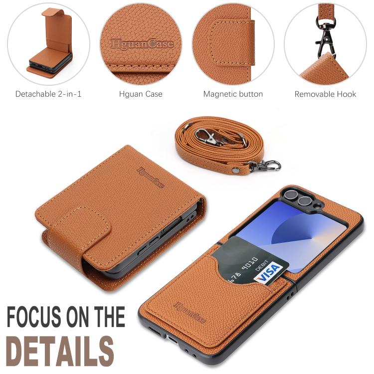 For Galaxy Z Flip6 / Flip7 FE Retro Litchi Texture Vegan Leather Magnetic Wallet Phone Case with Crossbody Strap