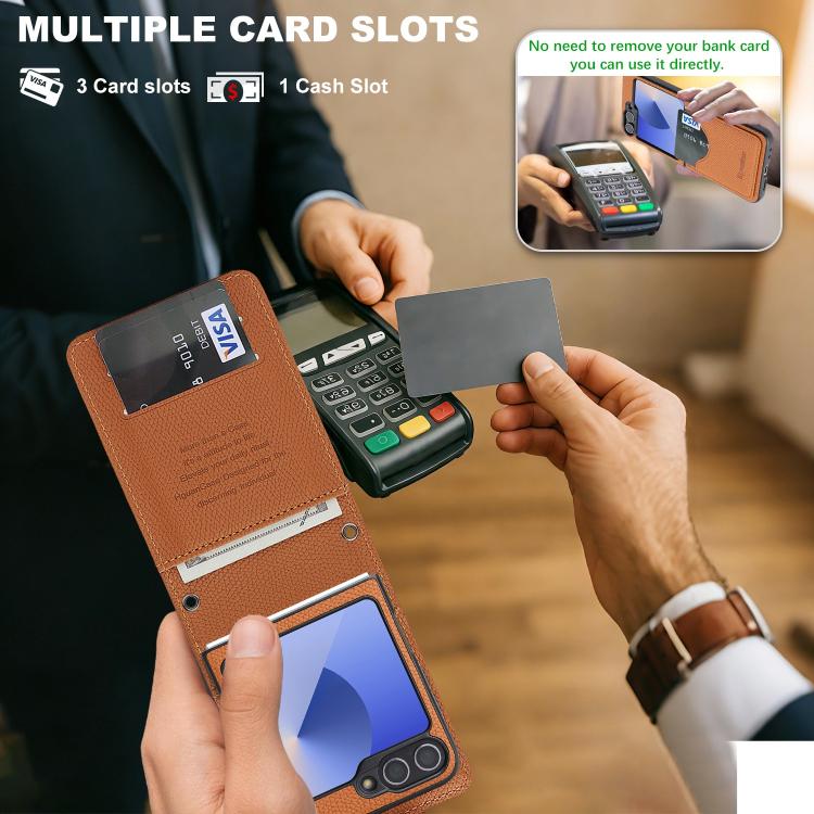 For Galaxy Z Flip6 / Flip7 FE Retro Litchi Texture Vegan Leather Magnetic Wallet Phone Case with Crossbody Strap