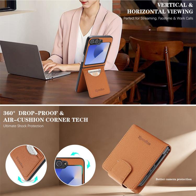 For Galaxy Z Flip6 / Flip7 FE Retro Litchi Texture Vegan Leather Magnetic Wallet Phone Case with Crossbody Strap