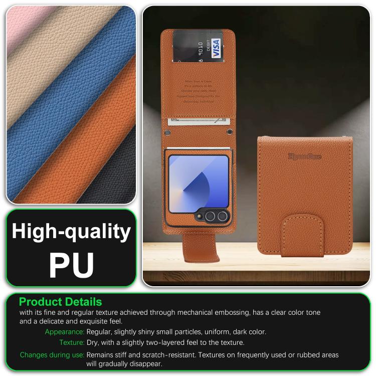 For Galaxy Z Flip6 / Flip7 FE Retro Litchi Texture Vegan Leather Magnetic Wallet Phone Case with Crossbody Strap