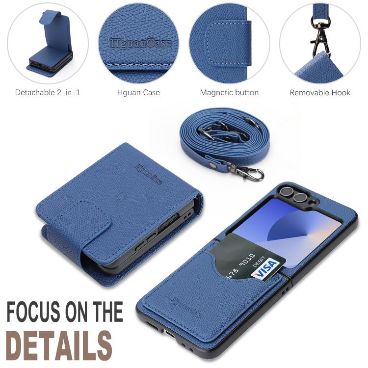 For Galaxy Z Flip6 / Flip7 FE Retro Litchi Texture Vegan Leather Magnetic Wallet Phone Case with Crossbody Strap