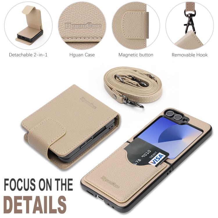 For Galaxy Z Flip6 / Flip7 FE Retro Litchi Texture Vegan Leather Magnetic Wallet Phone Case with Crossbody Strap