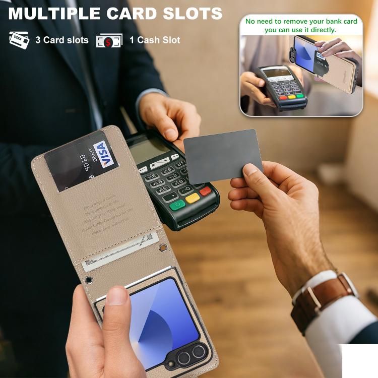 For Galaxy Z Flip6 / Flip7 FE Retro Litchi Texture Vegan Leather Magnetic Wallet Phone Case with Crossbody Strap