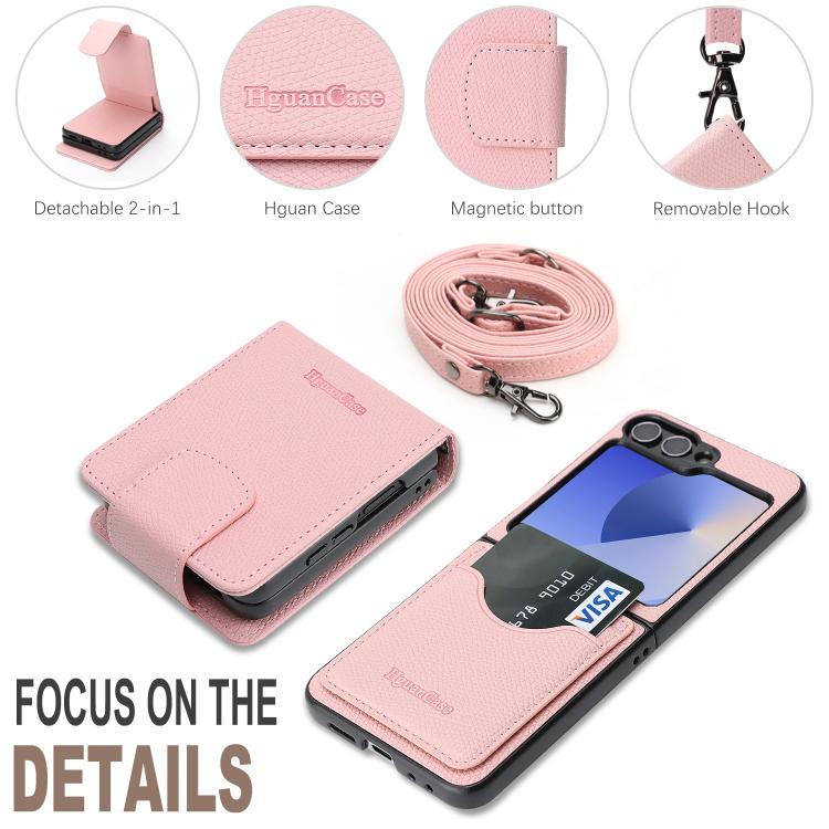 For Galaxy Z Flip6 / Flip7 FE Retro Litchi Texture Vegan Leather Magnetic Wallet Phone Case with Crossbody Strap