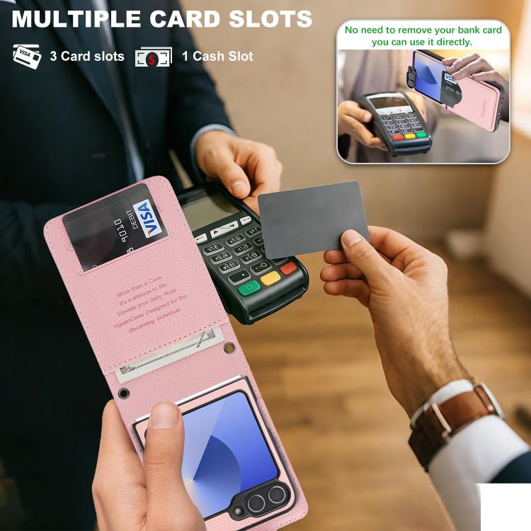For Galaxy Z Flip6 / Flip7 FE Retro Litchi Texture Vegan Leather Magnetic Wallet Phone Case with Crossbody Strap