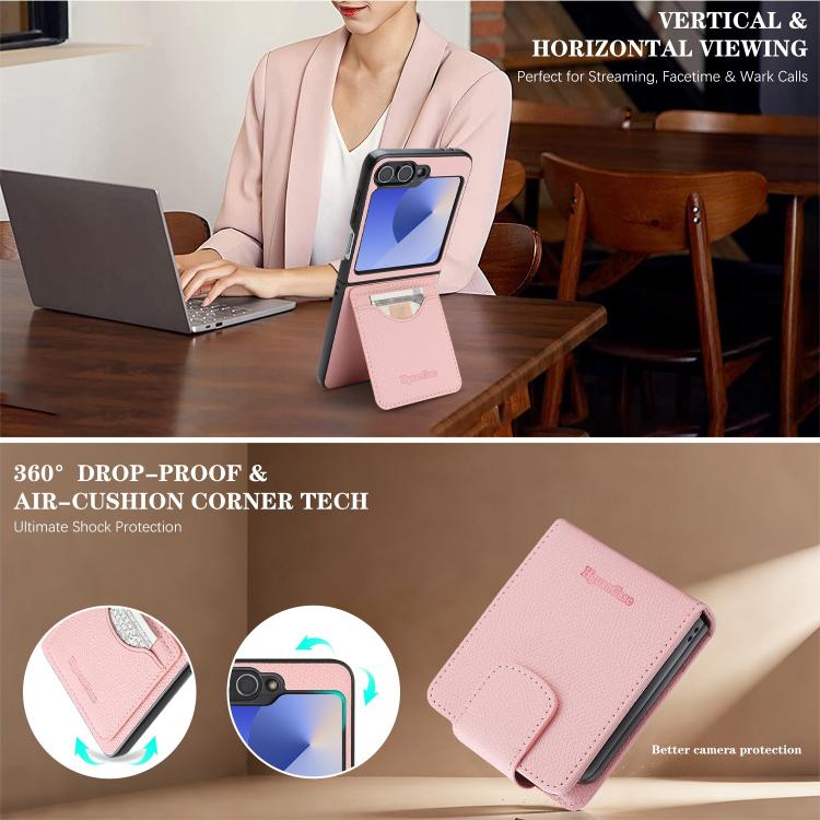 For Galaxy Z Flip6 / Flip7 FE Retro Litchi Texture Vegan Leather Magnetic Wallet Phone Case with Crossbody Strap