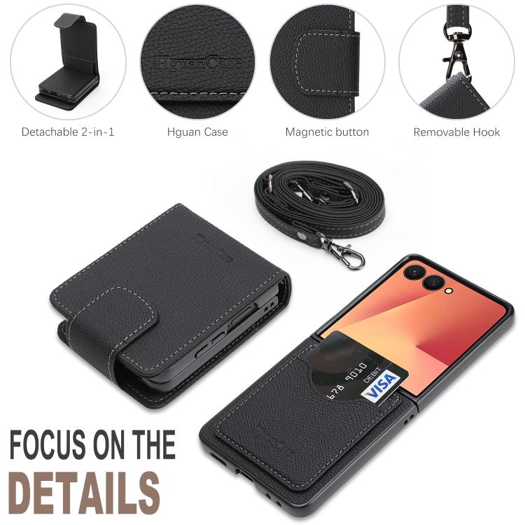 For Galaxy Z Flip7 Retro Litchi Texture Vegan Leather Magnetic Wallet Phone Case with Crossbody Strap
