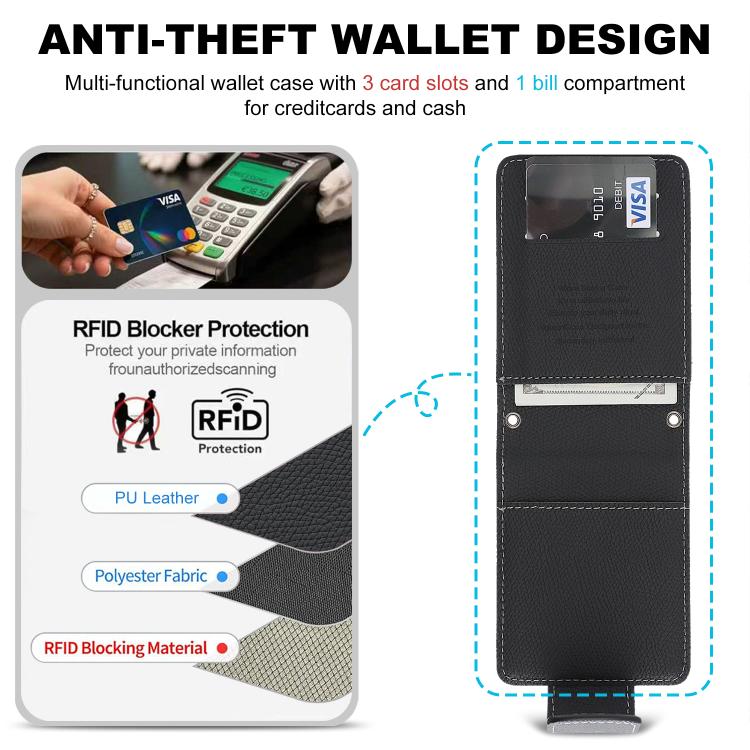 For Galaxy Z Flip7 Retro Litchi Texture Vegan Leather Magnetic Wallet Phone Case with Crossbody Strap