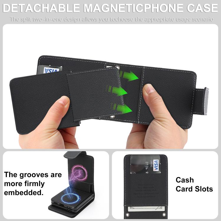 For Galaxy Z Flip7 Retro Litchi Texture Vegan Leather Magnetic Wallet Phone Case with Crossbody Strap