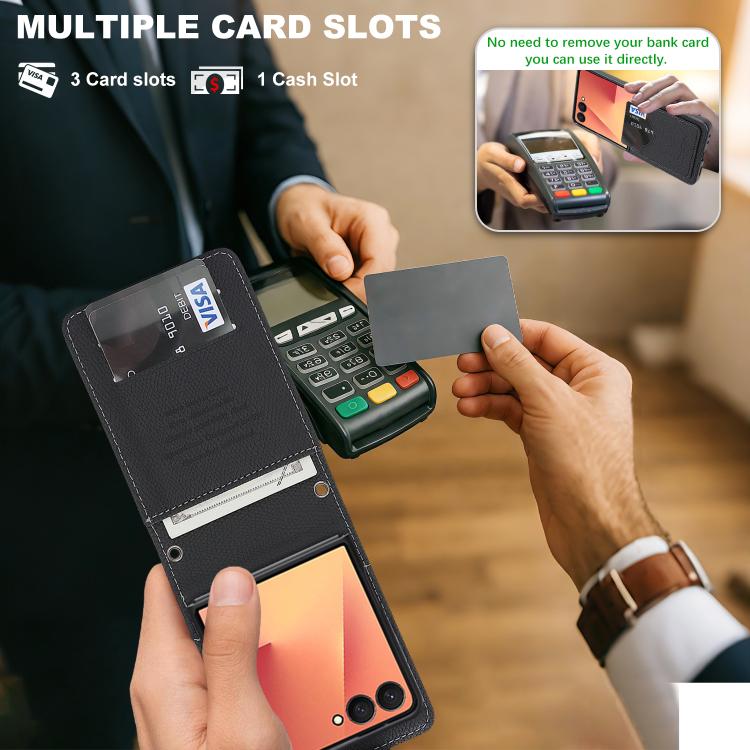 For Galaxy Z Flip7 Retro Litchi Texture Vegan Leather Magnetic Wallet Phone Case with Crossbody Strap