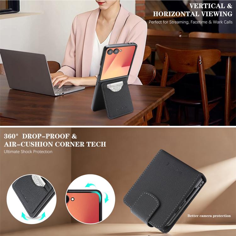 For Galaxy Z Flip7 Retro Litchi Texture Vegan Leather Magnetic Wallet Phone Case with Crossbody Strap