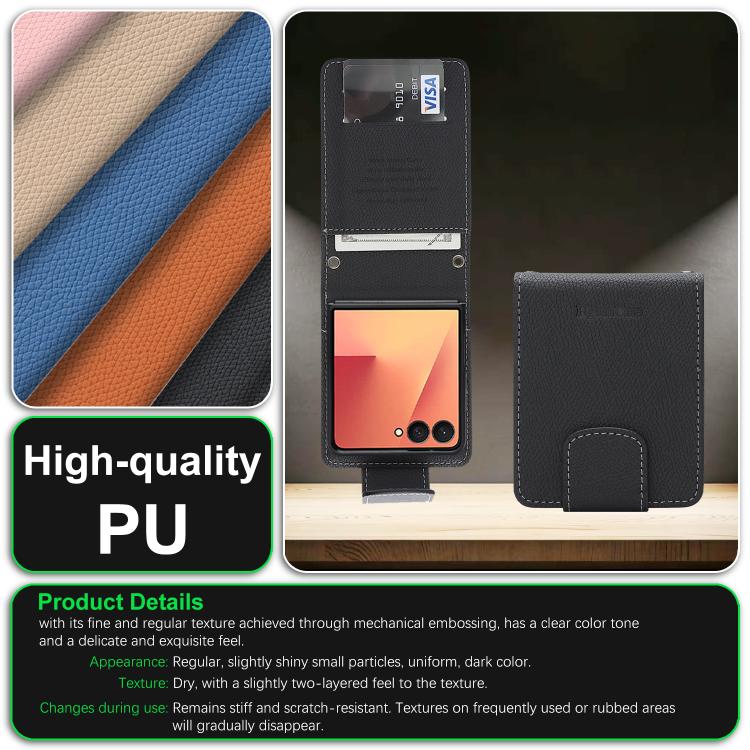 For Galaxy Z Flip7 Retro Litchi Texture Vegan Leather Magnetic Wallet Phone Case with Crossbody Strap