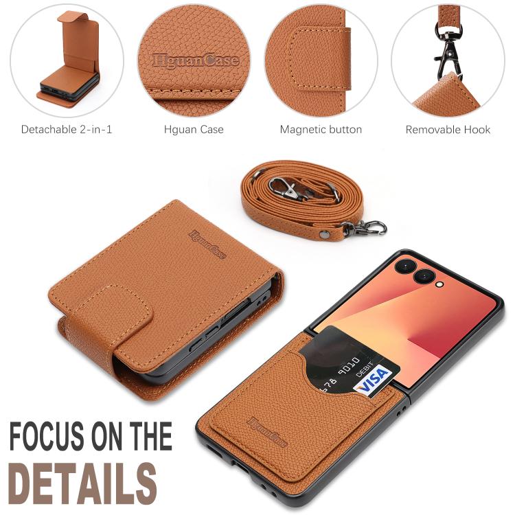 For Galaxy Z Flip7 Retro Litchi Texture Vegan Leather Magnetic Wallet Phone Case with Crossbody Strap