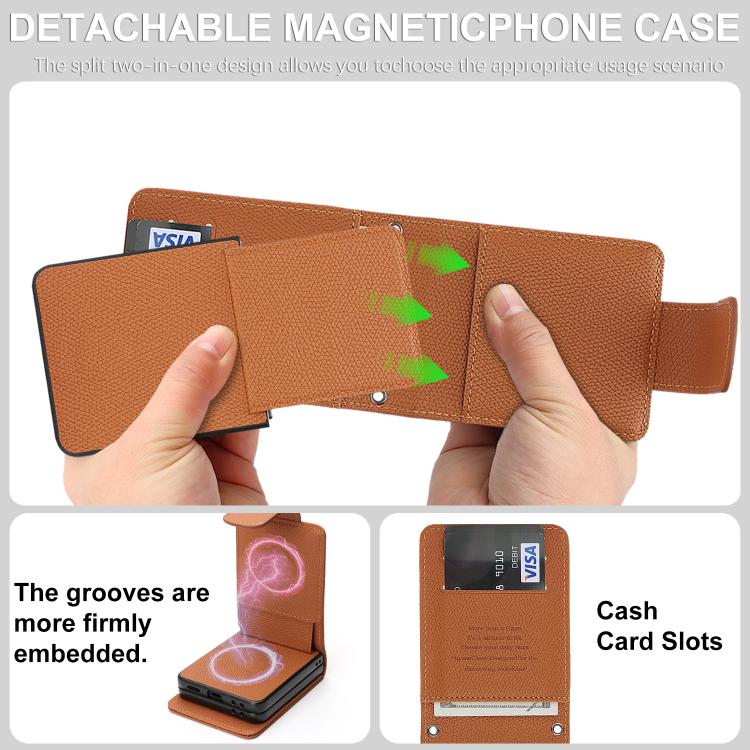 For Galaxy Z Flip7 Retro Litchi Texture Vegan Leather Magnetic Wallet Phone Case with Crossbody Strap