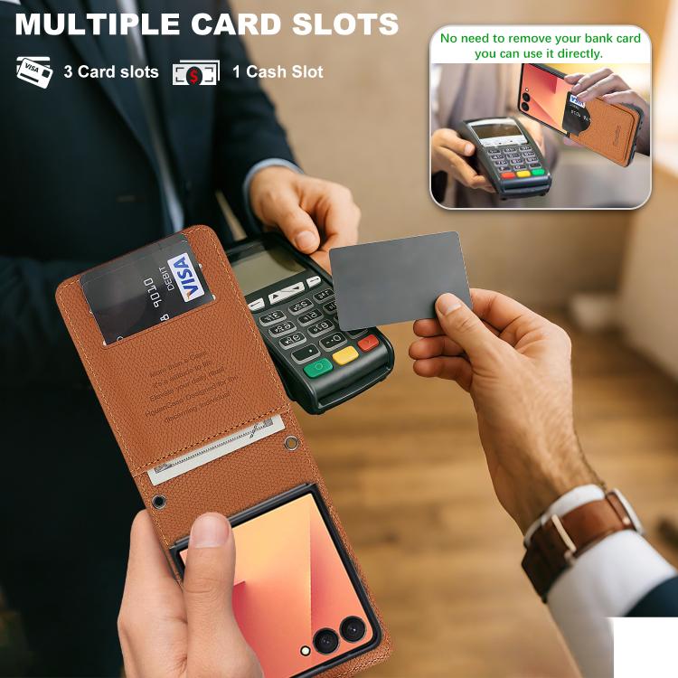 For Galaxy Z Flip7 Retro Litchi Texture Vegan Leather Magnetic Wallet Phone Case with Crossbody Strap