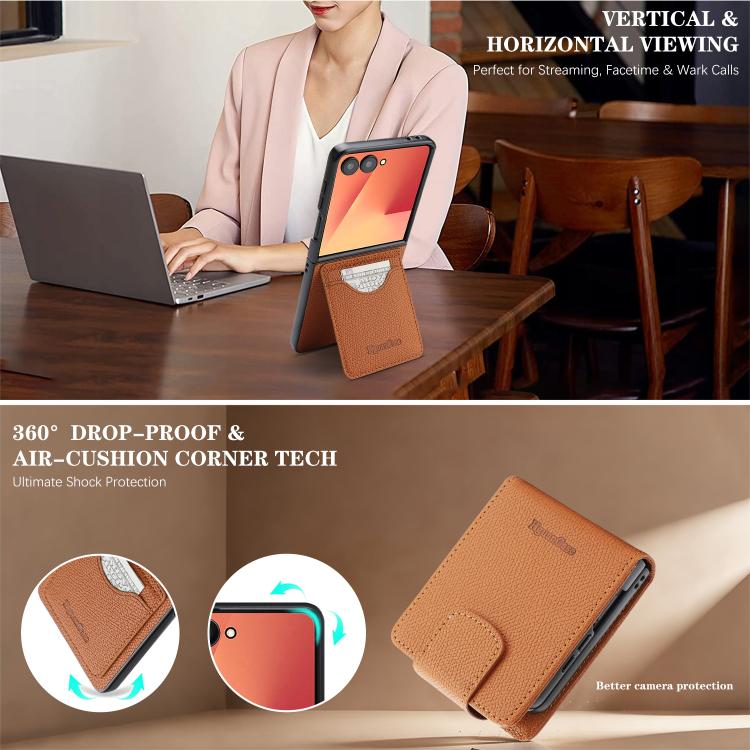 For Galaxy Z Flip7 Retro Litchi Texture Vegan Leather Magnetic Wallet Phone Case with Crossbody Strap