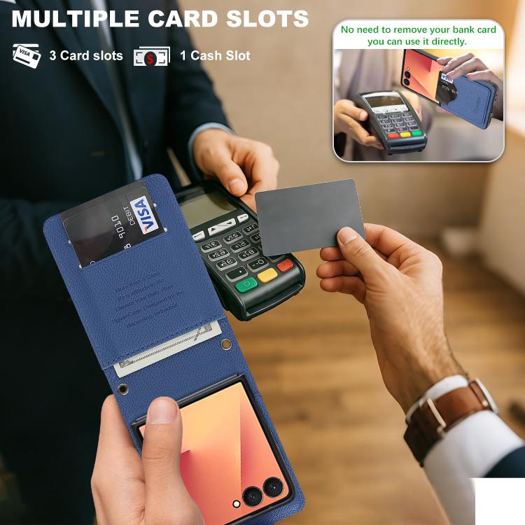 For Galaxy Z Flip7 Retro Litchi Texture Vegan Leather Magnetic Wallet Phone Case with Crossbody Strap