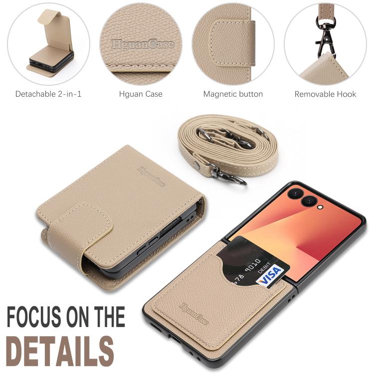 For Galaxy Z Flip7 Retro Litchi Texture Vegan Leather Magnetic Wallet Phone Case with Crossbody Strap