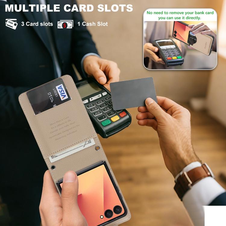 For Galaxy Z Flip7 Retro Litchi Texture Vegan Leather Magnetic Wallet Phone Case with Crossbody Strap