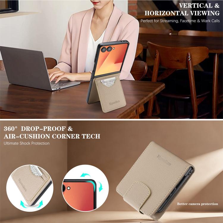 For Galaxy Z Flip7 Retro Litchi Texture Vegan Leather Magnetic Wallet Phone Case with Crossbody Strap
