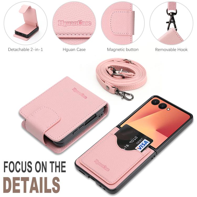 For Galaxy Z Flip7 Retro Litchi Texture Vegan Leather Magnetic Wallet Phone Case with Crossbody Strap