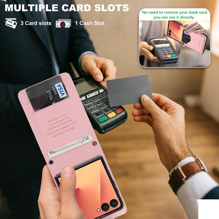 For Galaxy Z Flip7 Retro Litchi Texture Vegan Leather Magnetic Wallet Phone Case with Crossbody Strap