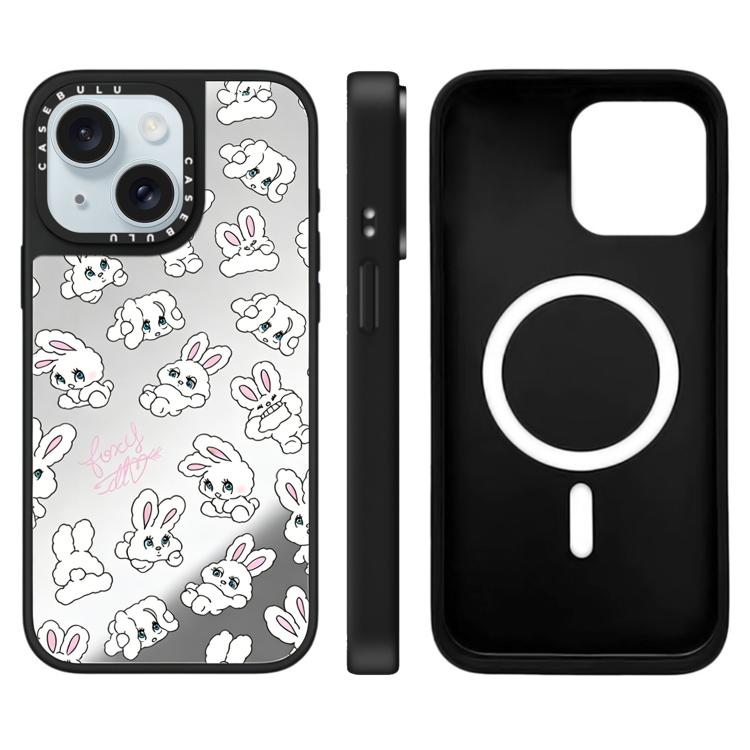 For iPhone 15 Bunny Series Pattern Mirror Magnetic Phone Case