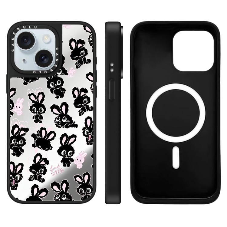For iPhone 15 Bunny Series Pattern Mirror Magnetic Phone Case