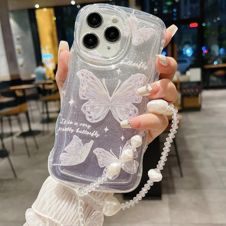 For iPhone 11 Pro Wavy Glitter Butterfly TPU Phone Case with Bracelet Chain