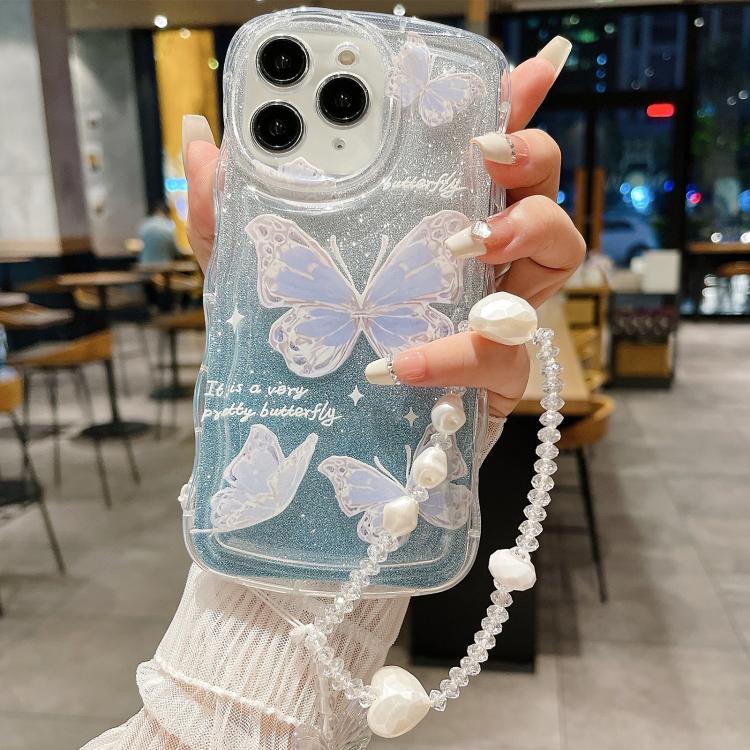 For iPhone 11 Pro Max Wavy Glitter Butterfly TPU Phone Case with Bracelet Chain