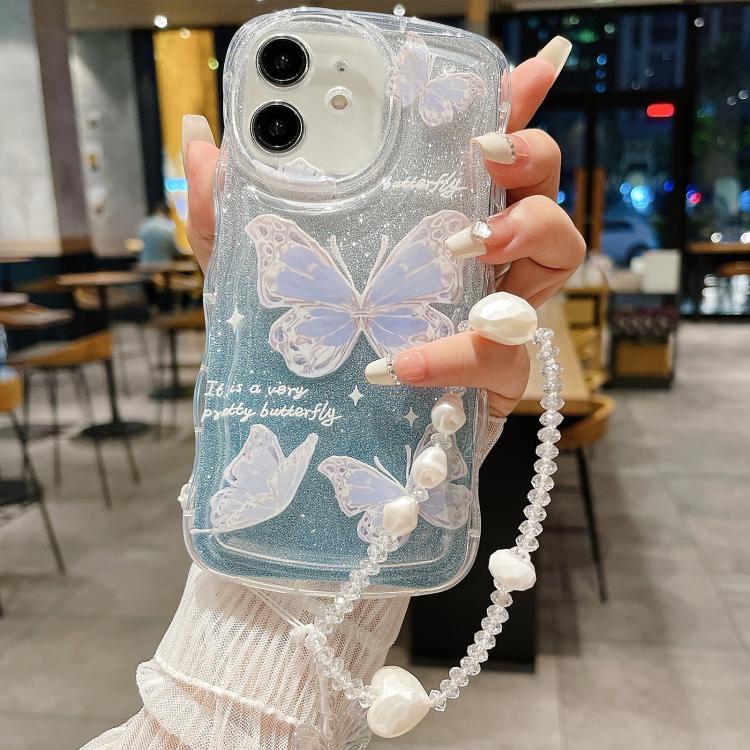 For iPhone 12 Wavy Glitter Butterfly TPU Phone Case with Bracelet Chain