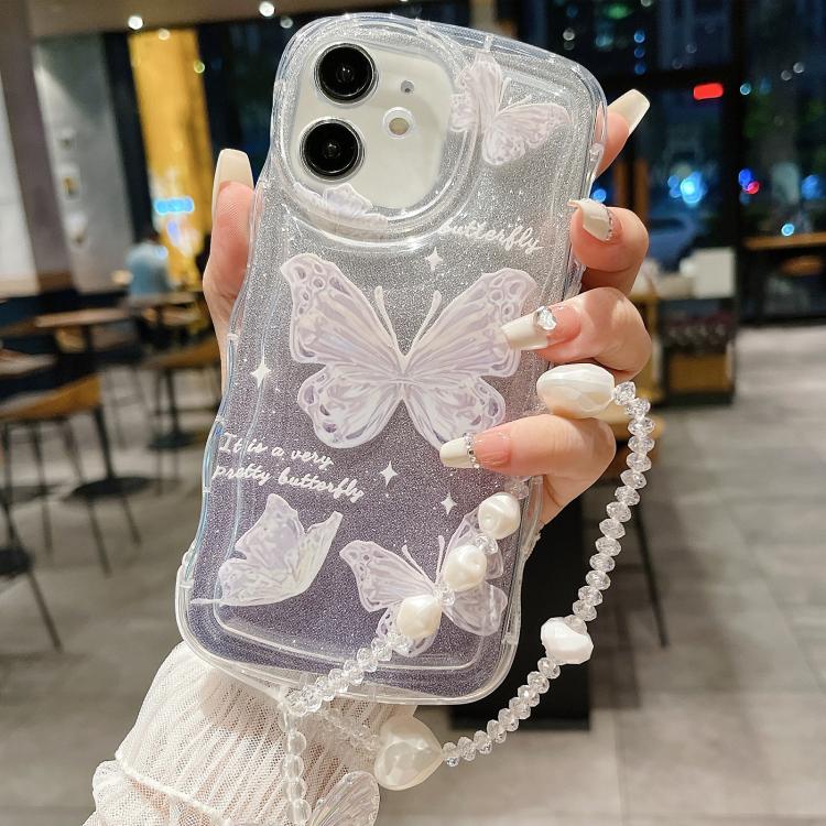 For iPhone 12 Wavy Glitter Butterfly TPU Phone Case with Bracelet Chain